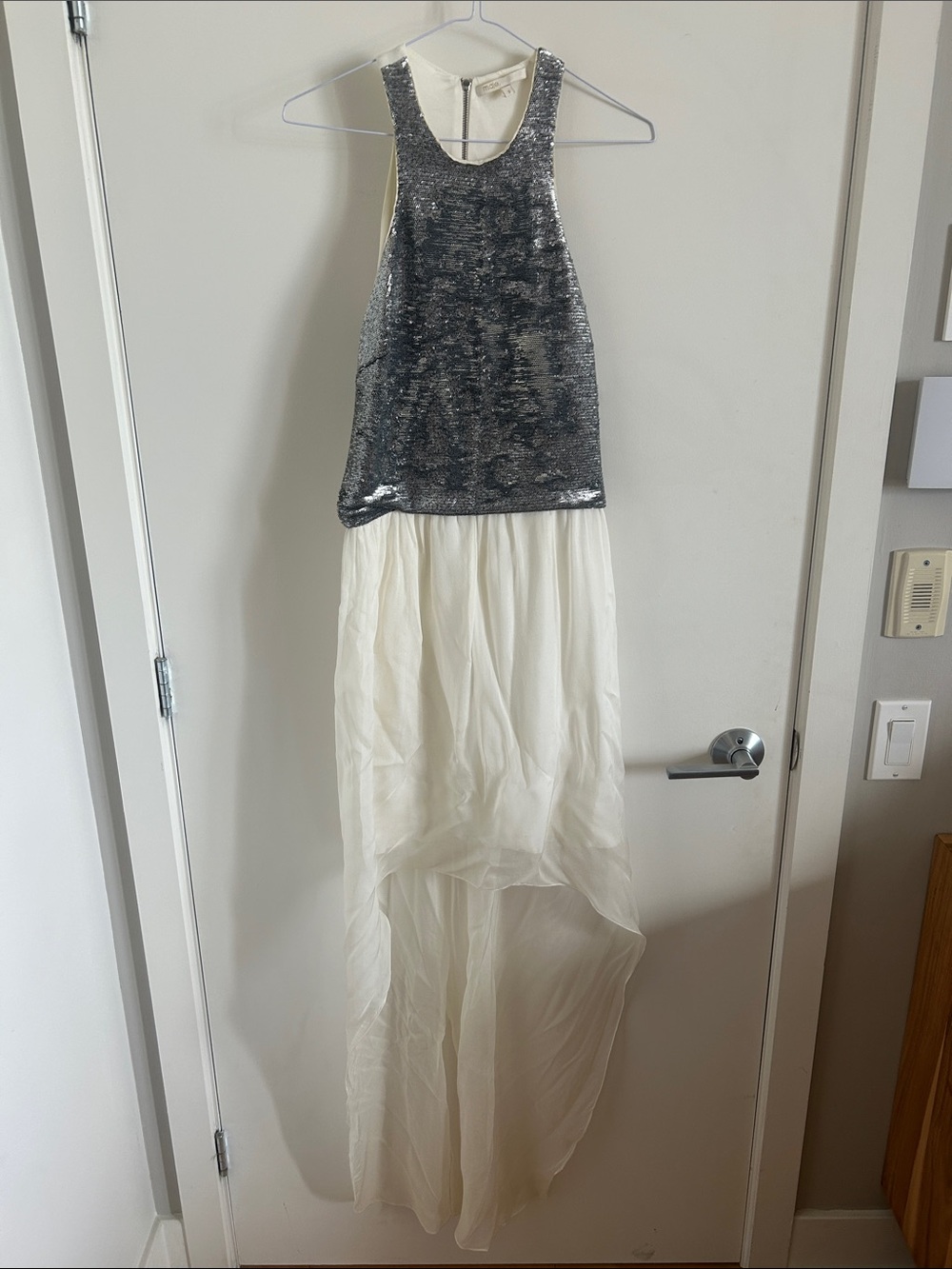 Maje Silver Sequin Dress Ivory High-Low